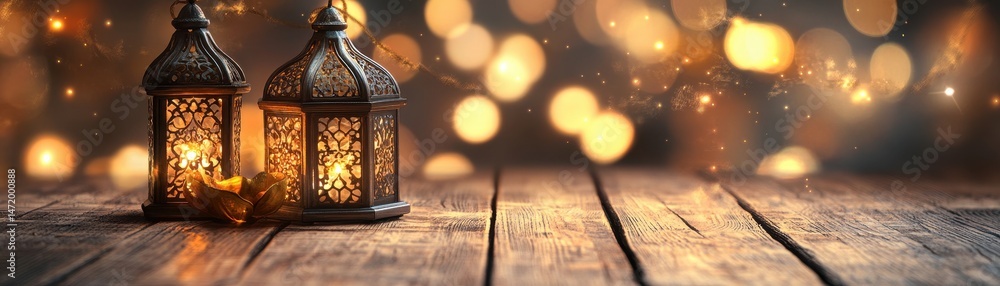 Aufkleber Two Decorative Lanterns Casting Warm Light on Wooden Table with Sparkling Bokeh Background Creating a Festive and Spiritual Atmosphere