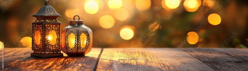 Poster two decorative metal lanterns emit a warm candlelight glow on a rustic wooden table with a bokeh lig