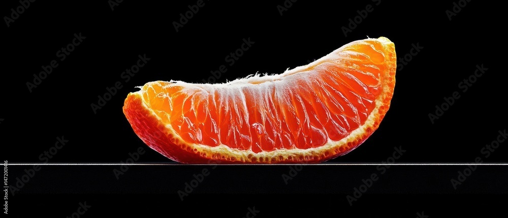 Poster close-up of an orange slice on a black background. the orange is cut in half, with the outer edge of
