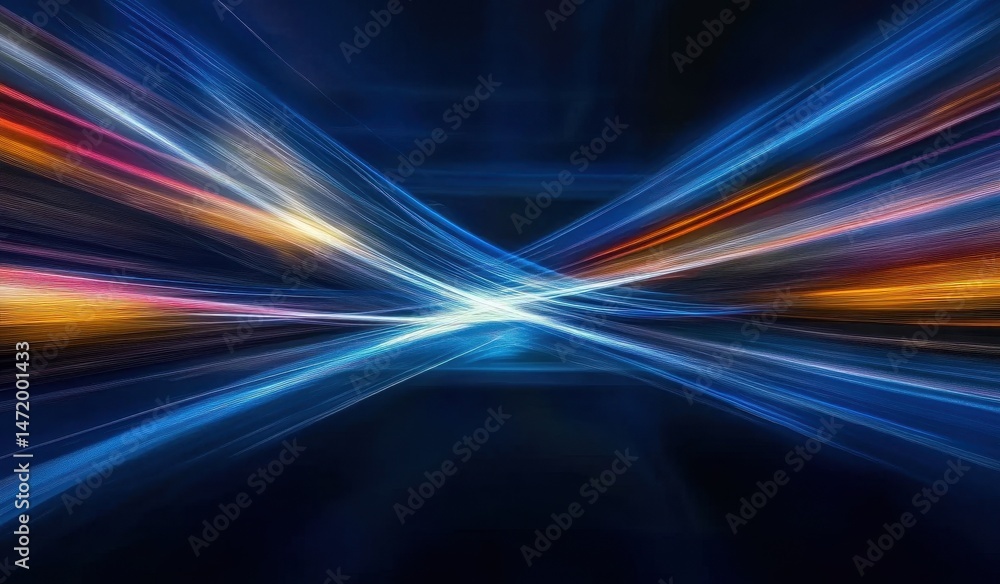 Fototapete Vibrant Light Streaks in Dynamic Abstract Composition with Blue Gold and Red Hues on a Dark Reflective Surface Creating a Sense of Futuristic Speed and Motion