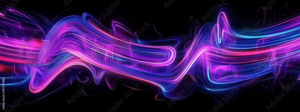 Aufkleber Vibrant Light Streams Flowing with Dynamic Motion on Dark Background Featuring Abstract Wave Patterns in Purple and Blue Colors with a Futuristic Design