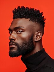Obraz premium Close-up portrait of a young african-american man with a beard. he is facing away from the camera, with a serious expression on his face.