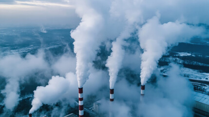 Fototapeta premium Aerial view of industrial smokestacks emitting thick plumes of white smoke against a winter landscape, showcasing environmental concerns. : Generative AI