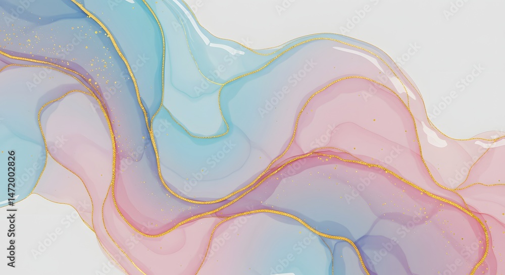 Poster abstract liquid art with soft pastel hues and subtle gold veins creating a flowing and elegant desig