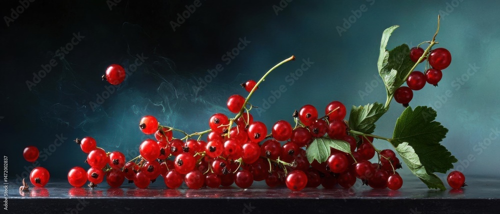 Poster close-up of a bunch of red currants on a black surface. the currants are clustered together in a bun