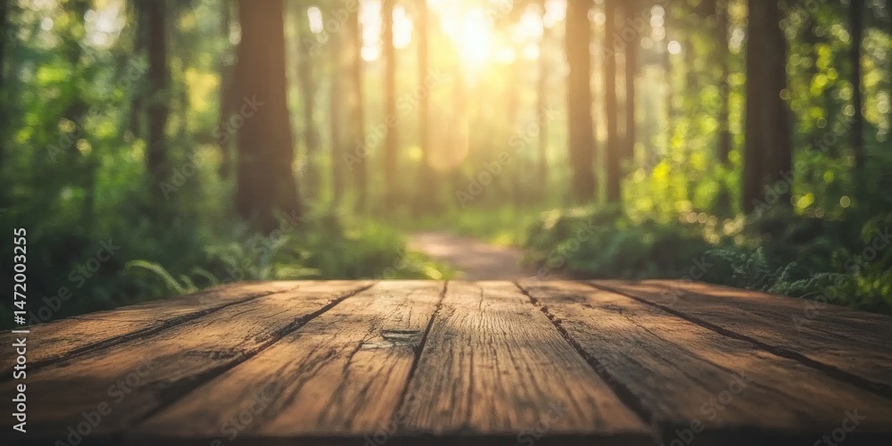 Poster Wooden Table Surface Overlooking Tranquil Green Forest Path With Soft Sunlight Filtering Through Trees in the Background Blurring Into a Serene Landscape
