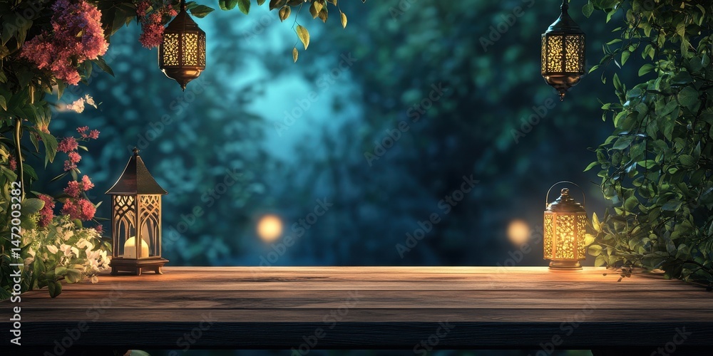 Aufkleber wooden table surrounded by hanging lanterns and lush greenery with soft evening light in a romantic 