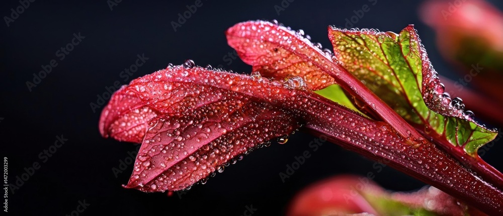Poster close-up of a red leaf with water droplets on it. the leaf is elongated and has a pointed tip. the d