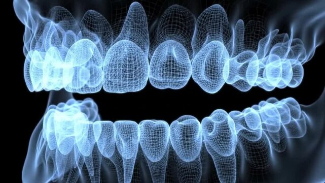 Malocclusion wireframe model human jaw dental misalignment, suitable for dental presentations, orthodontic educational materials, and medical articles.