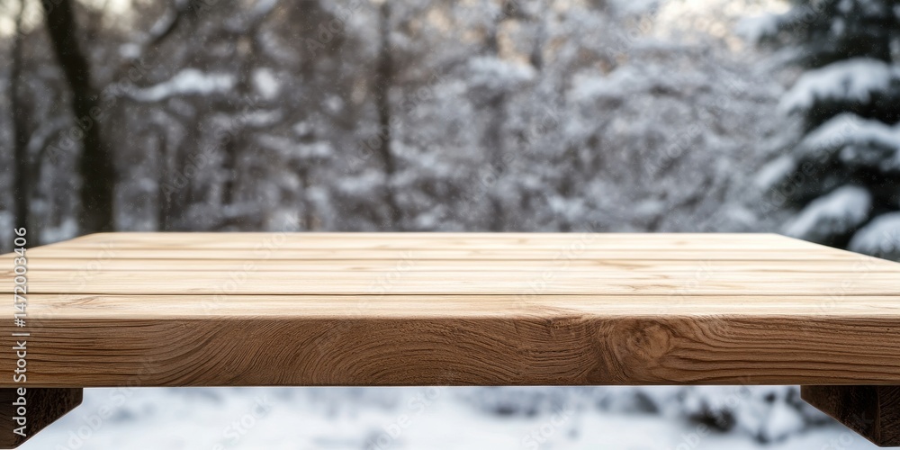 Aufkleber wooden tabletop over snowy forest background in winter season with overcast lighting style rustic pl