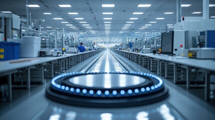 Modern manufacturing facility with automated assembly line and workers in the background