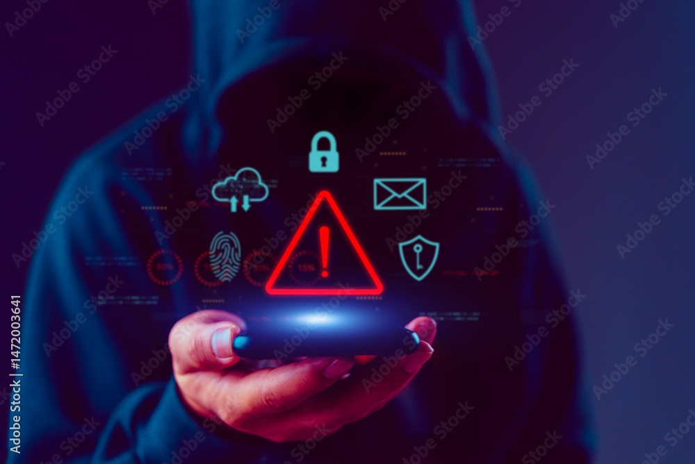 Poster data breach alert from mobile phone. anonymous hacker with icons of cloud, lock, fingerprint, and re