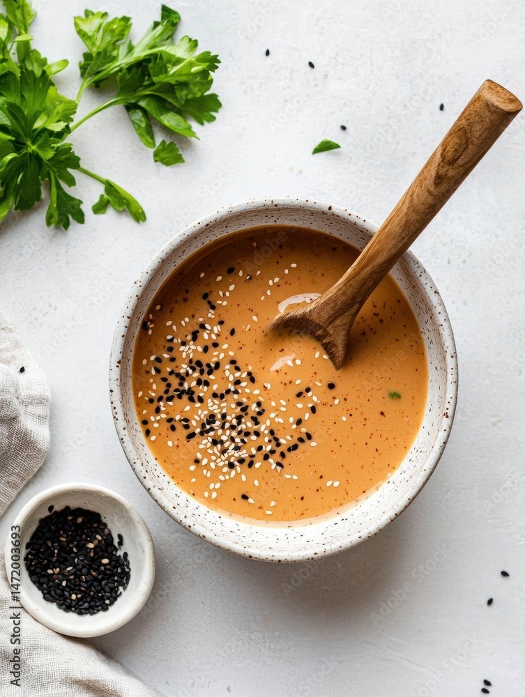 Poster bowl of soup with a wooden spoon in it. the soup appears to be orange in color and has a smooth text
