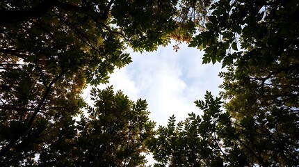 Looking up through a dense tree canopy forming a natural frame around the sky and clouds, highlighting the organic beauty of the forest from below.