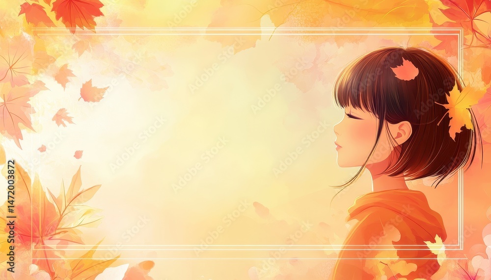 Poster pixel art portrait of a girl with bangs in profile surrounded by watercolor autumn leaves with an or