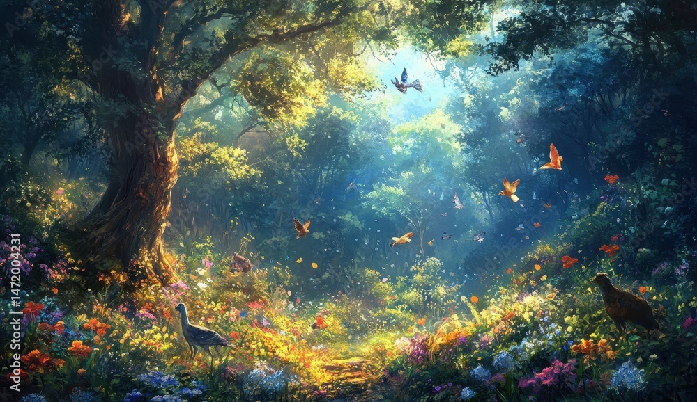 Poster sunlit glade with butterflies and flowers in a lush green forest with tree canopy and golden sunligh
