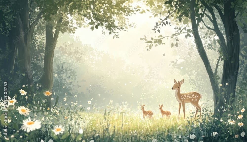 Aufkleber tranquil meadow scene with deer family in forest with sunlight filtering through trees and wild dais