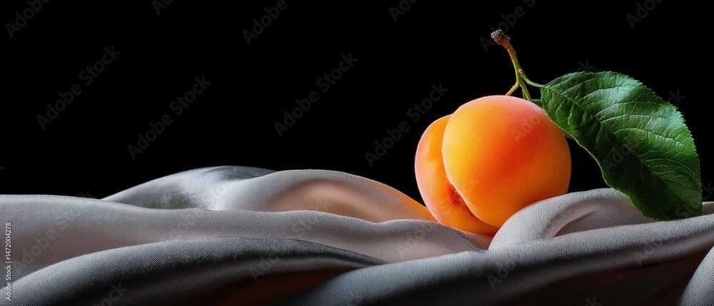 Poster close-up of a single peach with a green leaf on top. the peach is placed on a dark grey fabric, whic