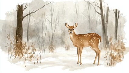 Obraz premium Spotted Fawn Standing in Snowy Forest Watercolor Illustration with Bare Trees and Winter Landscape Creates a Serene Outdoors Scene