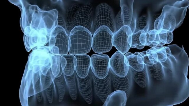 Malocclusion wireframe model human jaw dental misalignment, suitable for dental presentations, orthodontic educational materials, and medical articles.
