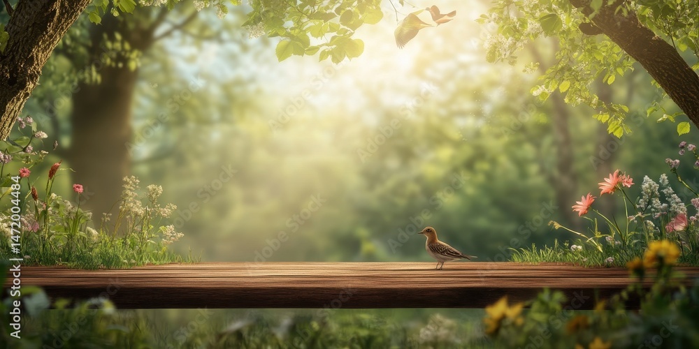 Poster enchanting forest glade with sunlight streaming through trees tranquil wooded scene featuring rustic