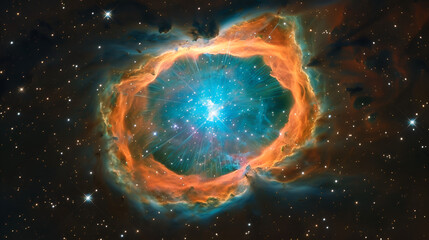 A vibrant nebula with a bright blue center surrounded by orange clouds and distant stars in space