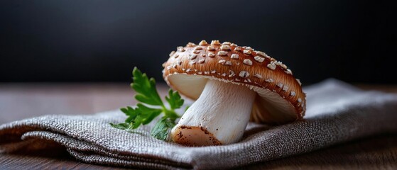 Naklejka premium Close-up of a mushroom on a wooden surface. the mushroom has a white cap with brown spots and a brown stem. it is resting on a beige cloth napkin with a sprig of parsley on top.