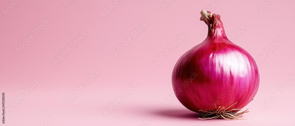 Poster close-up of a single red onion on a pink background. the onion is in the center of the image, with i
