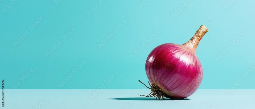 Poster close-up of a single red onion on a light blue background. the onion is in the center of the image, 