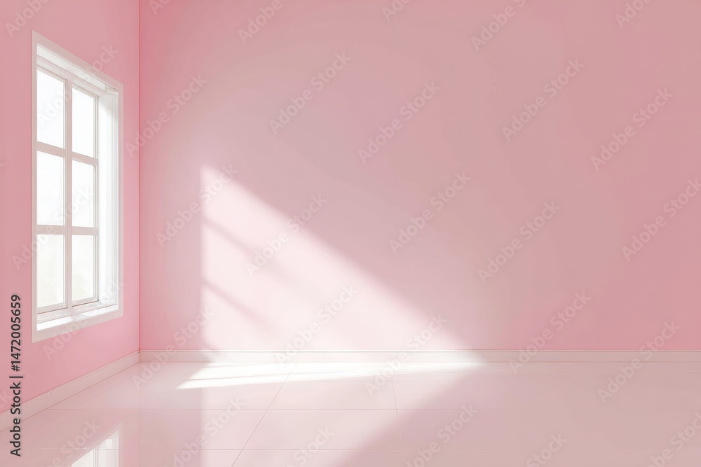 Poster a sunlit empty room with pink walls and a white window, creating a bright and minimalistic atmospher