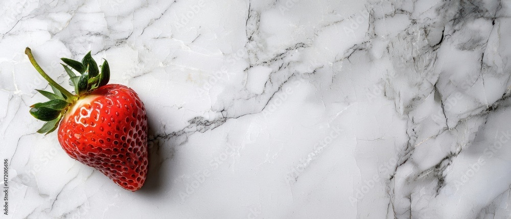 Poster close-up of a single strawberry on a white marble surface. the strawberry is bright red in color and