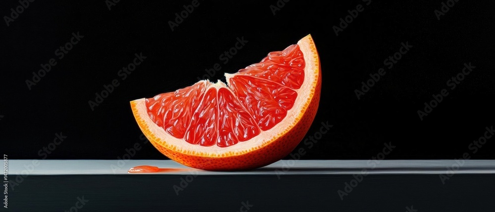 Poster close-up of a grapefruit cut in half on a black background. the grapefruit is bright red in color an
