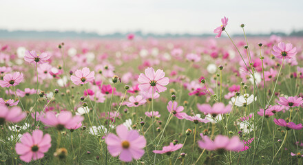 Pink Cosmos Field: Dreamy Floral Landscape, Serene Nature Scene, Pastel Blooms & Wildflower Meadow Bliss