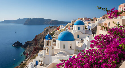 Fototapeta premium Santorini, Greece: Blue Domes & Bougainvillea on Aegean Coast. Travel to Paradise!