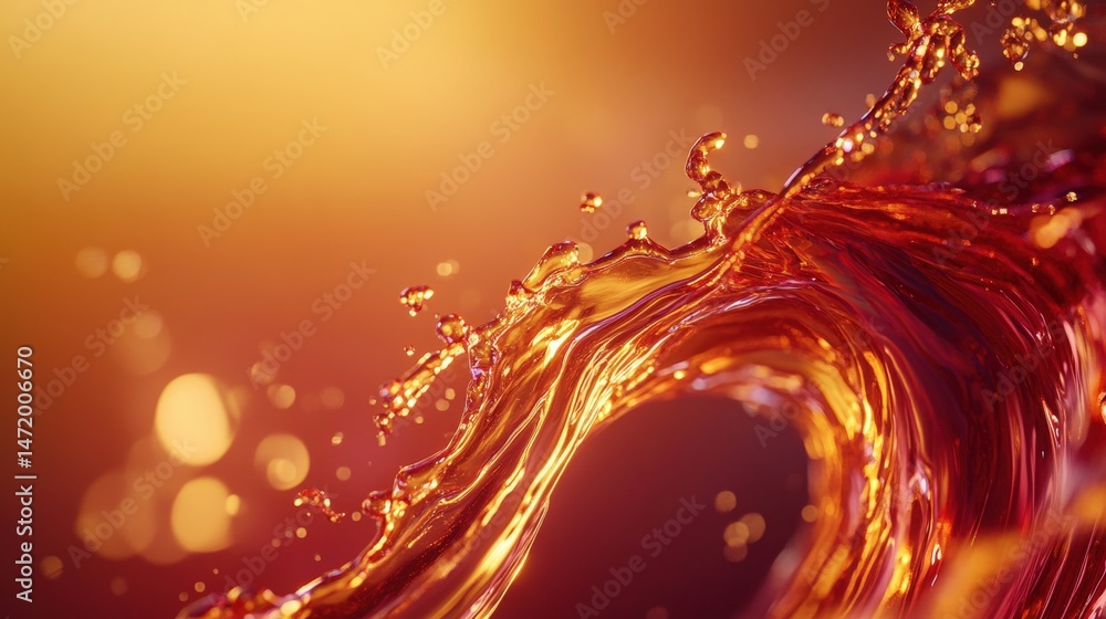 Poster dynamic splash of amber liquid with glowing bokeh lights in the background, creating a vibrant and e