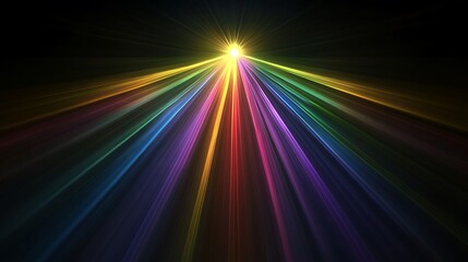 Fototapeta premium Radiating prism rays in subtle rainbow hues with a central glow on black backdrop, cosmic style,