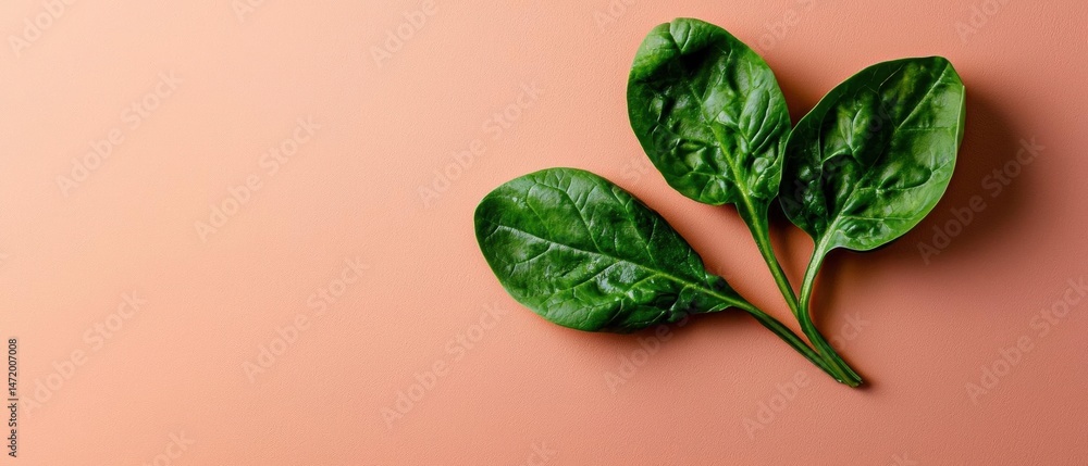 Poster three fresh spinach leaves on a peach-colored background. the leaves are arranged in a triangular fo