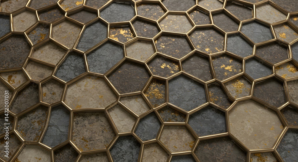 Poster sophisticated honeycomb mosaic pattern with contrasting textures and gold leaf accents, blending rus