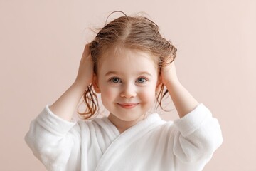 A young girl embraces the art of self-care by braiding her wet hair showcasing natural beauty.