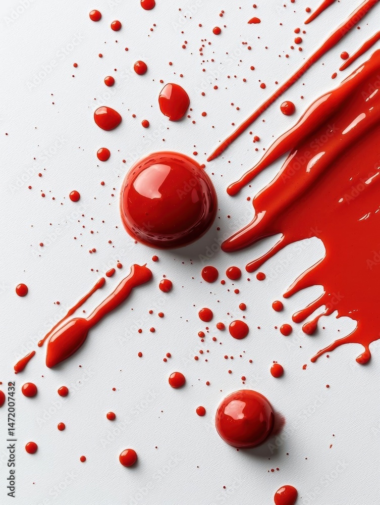 Poster close-up of a red liquid splatter on a white background. the liquid appears to be dripping down from