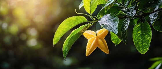 Close-up of a starfish hanging from a tree branch. the starfish is bright yellow in color and has five points. it is attached to the branch with two green leaves.