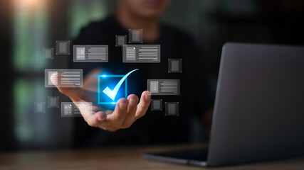 Businessman check and check mark online ,Approval of checklist documents ,Concept Review and Approval ,signing a business contract approval ,Business paperwork ,stamping in the contract