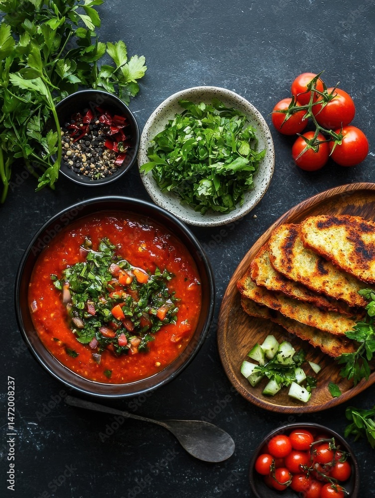 Poster flat lay of various food items arranged on a dark grey background. on the left side of the image, th