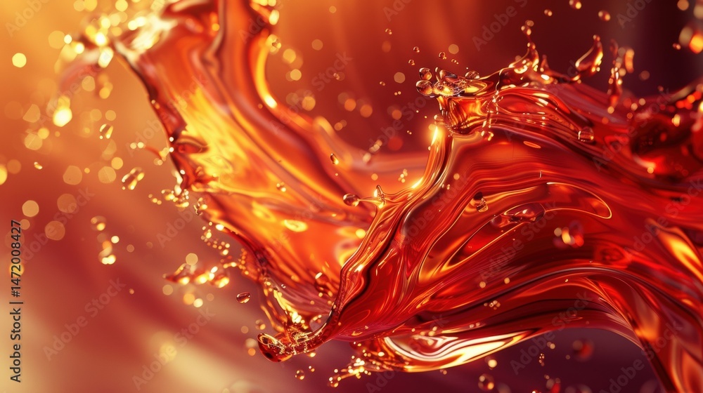 Aufkleber abstract splash of amber liquid with dynamic motion and glowing bokeh light effects.