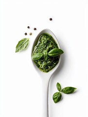 White ceramic spoon filled with a green pesto sauce. the sauce appears to be made with herbs and spices, as there are several basil leaves scattered around the spoon.