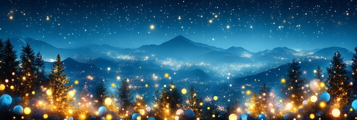 Naklejka premium Night Mountain Scene with Lights and Trees