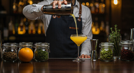 Craft Cocktail Creation: Bartender Pouring a Fresh, Zesty Drink with Aromatic Garnishes & Stylish Bar Scene