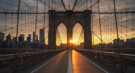 Fototapeta premium Brooklyn Bridge Sunrise: Golden Light Over New York City, Landmark, Architecture & Travel Photography
