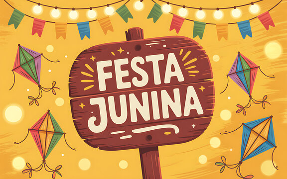 Festa Junina festival banner with colorful kites, flags, and festive lights