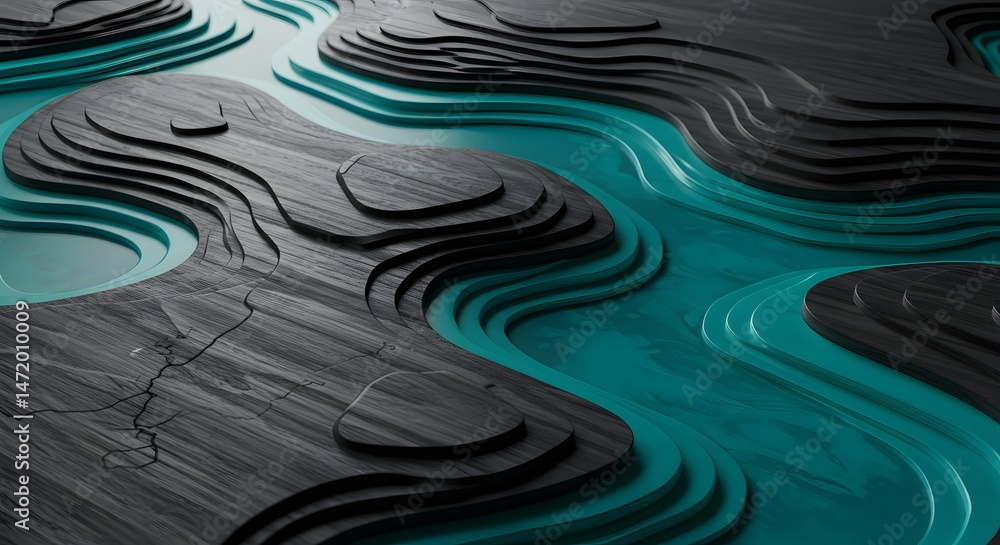 Poster abstract layered terrain with contrasting textures, merging organic shapes and synthetic color schem